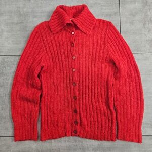 Vintage 50s Designer's Original Red Mohair Wool Knit Button Cardigan Sweater